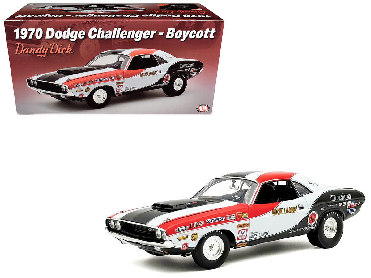 1970 Dodge Challenger "Boycott - 'Dandy' Dick Landy" White with Black and Red Stripes and Graphics Limited Edition to 500 pieces Worldwide 1/18 Diecast Model Car by ACME LuxuryLifeWay Online Store
