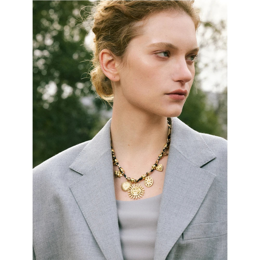 Yhpup Popular Stainless Steel Leopard Polyester Sun Flower Heart Insect Drop Collar Necklace 18K PVD Plated Fashion Jewelry Gift Pi-Mart