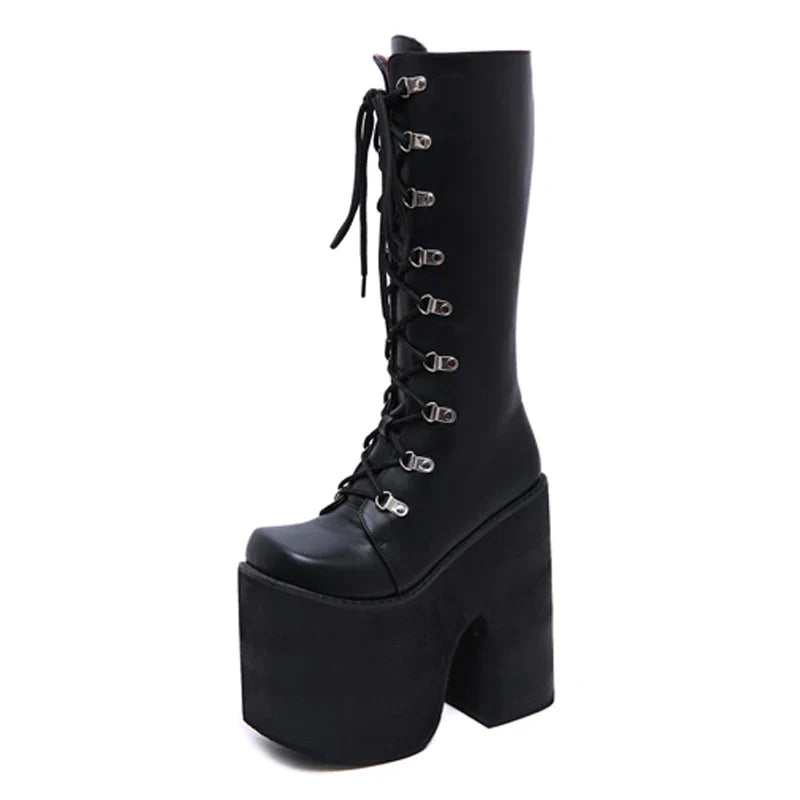 Gdgydh Women's Y2K Side Zipper Platform Boots Knee High Motorcycle Boots Black Closed Toe Lace Up Long Boots LadyShow.Store