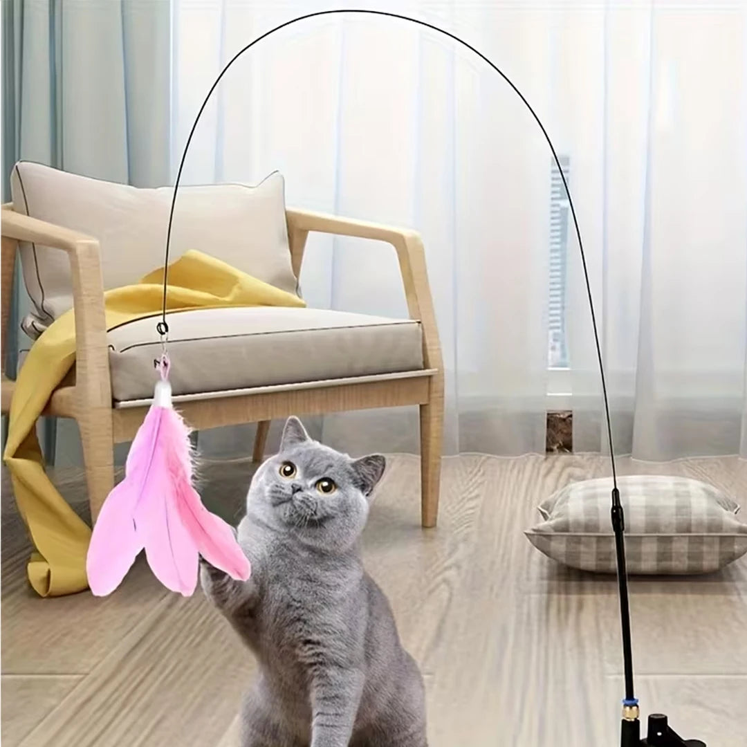 Cat Feather Bell Toy with Suction Cup Base 1 Teaser Wand 3 Replacement Feather Heads Interactive Cat Toy for All Cats Pi-Mart