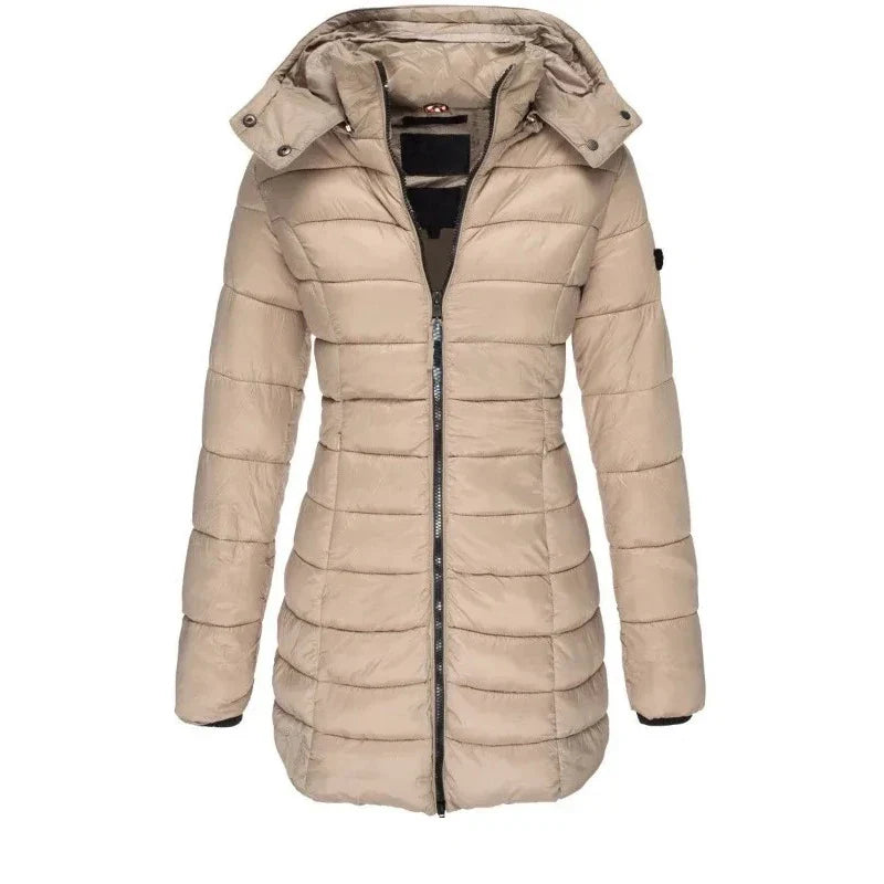 Winter Thicken Warm Women Parkas Zippers Solid Overcoat Casual Long Sleeve Padded Puffer Jacket Female Mid-length Slim Coat Top LadyShow.Store