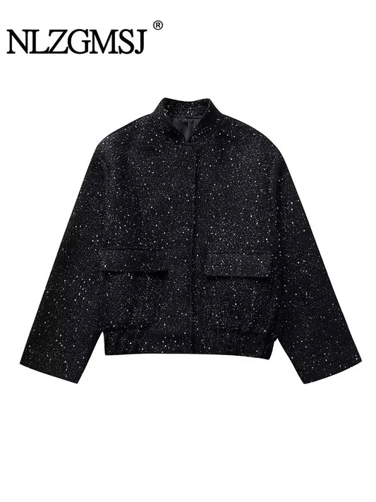 Nlzgmsj Women Shiny Sequin Jacket Y2k Gold Color Stand Collar Long Sleeve Short Coat Autumn Winter Ladies High Streetwear LadyShow.Store