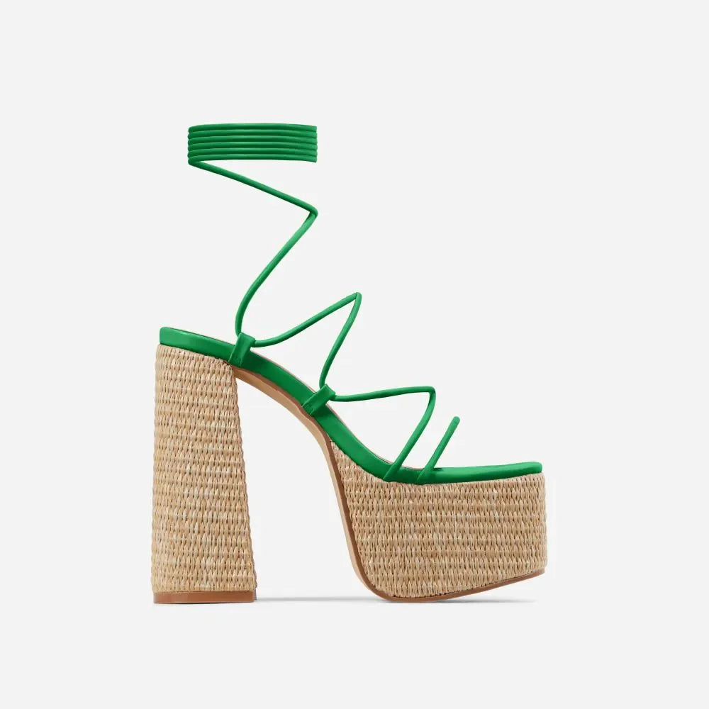 Woven Platform Lace Up Strappy Sandals Block Heel Open Toe Solid Color Sexy Roman Style Women Shoes Summer 2026 New Arrivals Pi-Mart