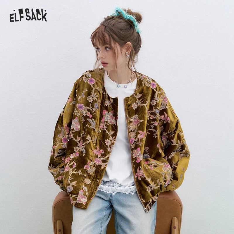 ELFSACK 2025 Gold Velvet Jacket Women's Winter Short Coat, Embroidered Goldfish Chinese Style Vintage Loose Padded Jacket LadyShow.Store
