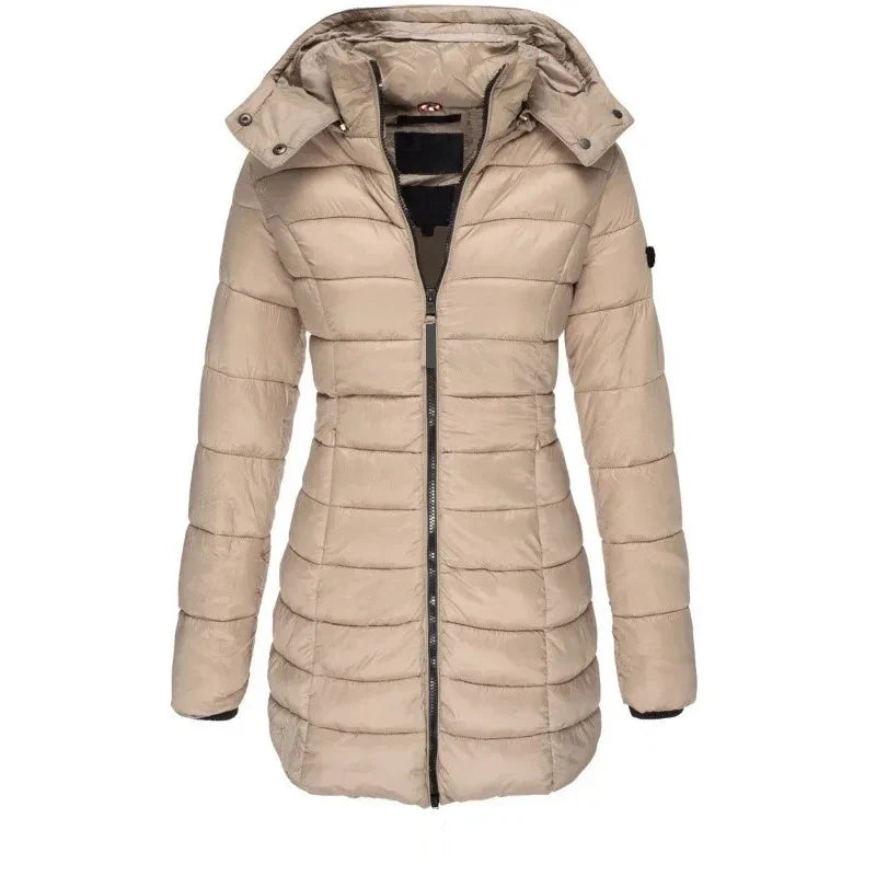 Winter Thicken Warm Women Parkas Zippers Solid Overcoat Casual Long Sleeve Padded Puffer Jacket Female Mid-length Slim Coat Top LadyShow.Store