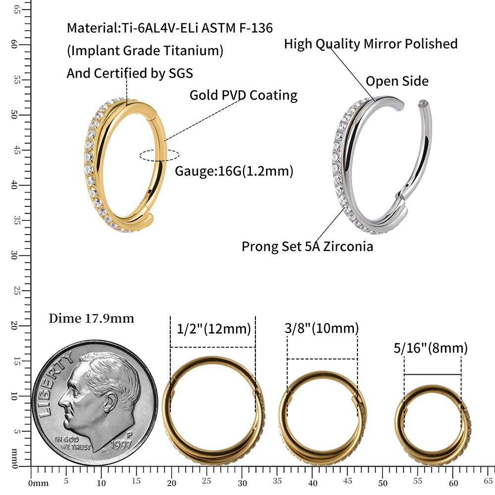 Right Grand Implant Grade Titanium Hinged Seamless Earrings Clicker Hoop Ring for Cartilage Helix Rook Septum Daith Tragus Conch Pi-Mart