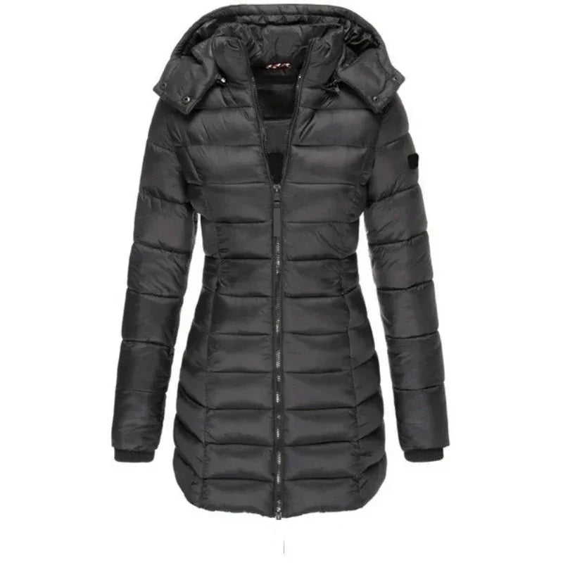 Winter Thicken Warm Women Parkas Zippers Solid Overcoat Casual Long Sleeve Padded Puffer Jacket Female Mid-length Slim Coat Top LadyShow.Store