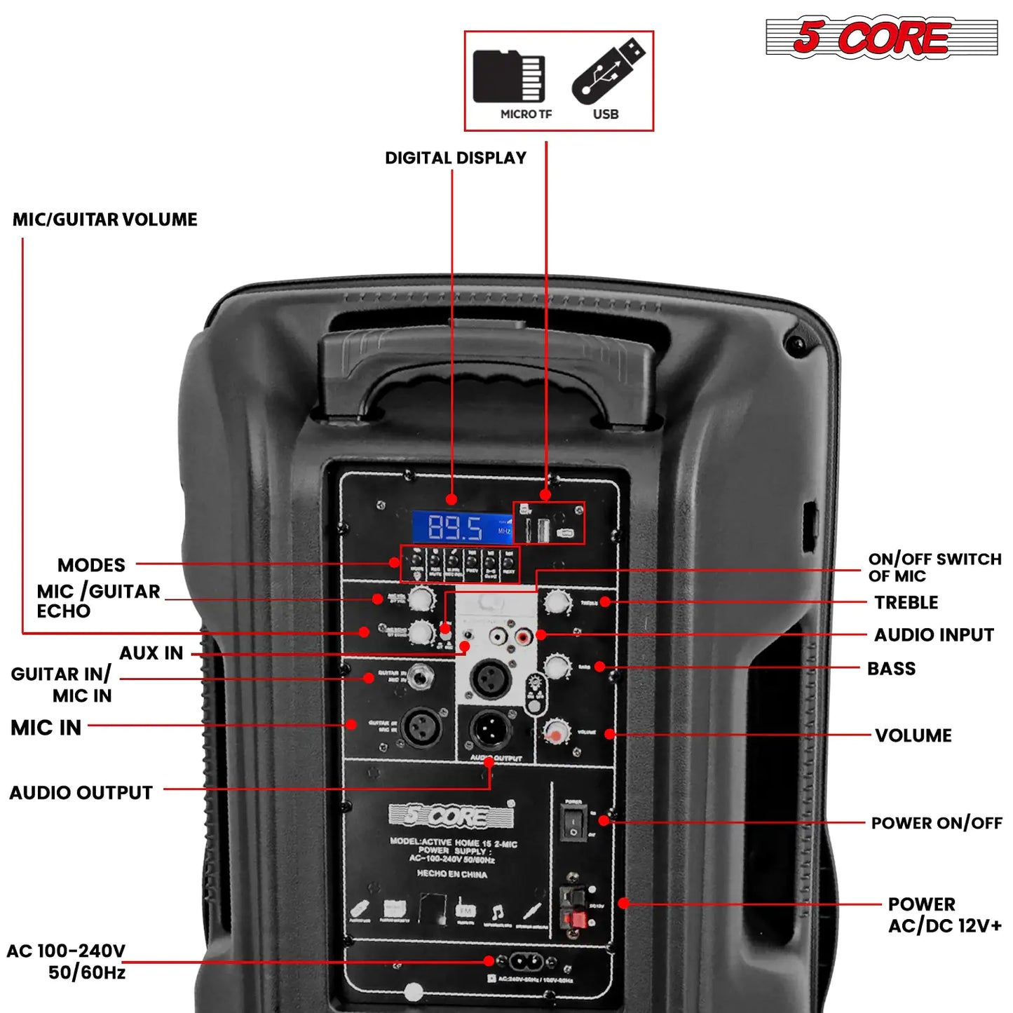 5Core15 inch PA Portable Bluetooth Party Speaker Karaoke Boombox + 2 Wireless Mics