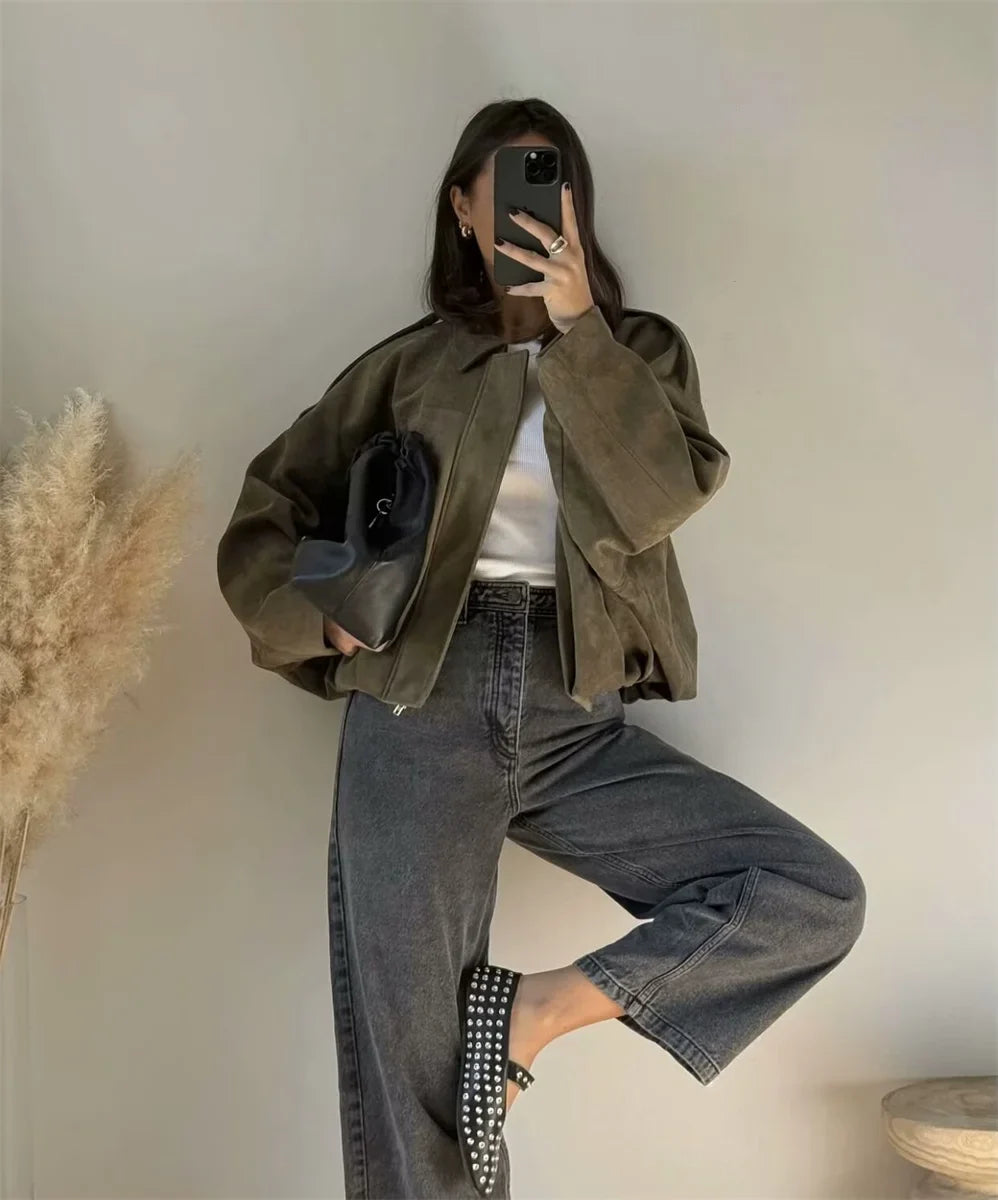 Women's Army Elegant Bomber Jackets Coats Fashion Turn-down Collar Long Sleeve Loose Coats Vintage Female Outerwear Chic Tops LadyShow.Store