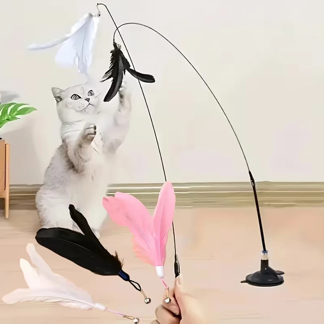 Cat Feather Bell Toy with Suction Cup Base 1 Teaser Wand 3 Replacement Feather Heads Interactive Cat Toy for All Cats Pi-Mart