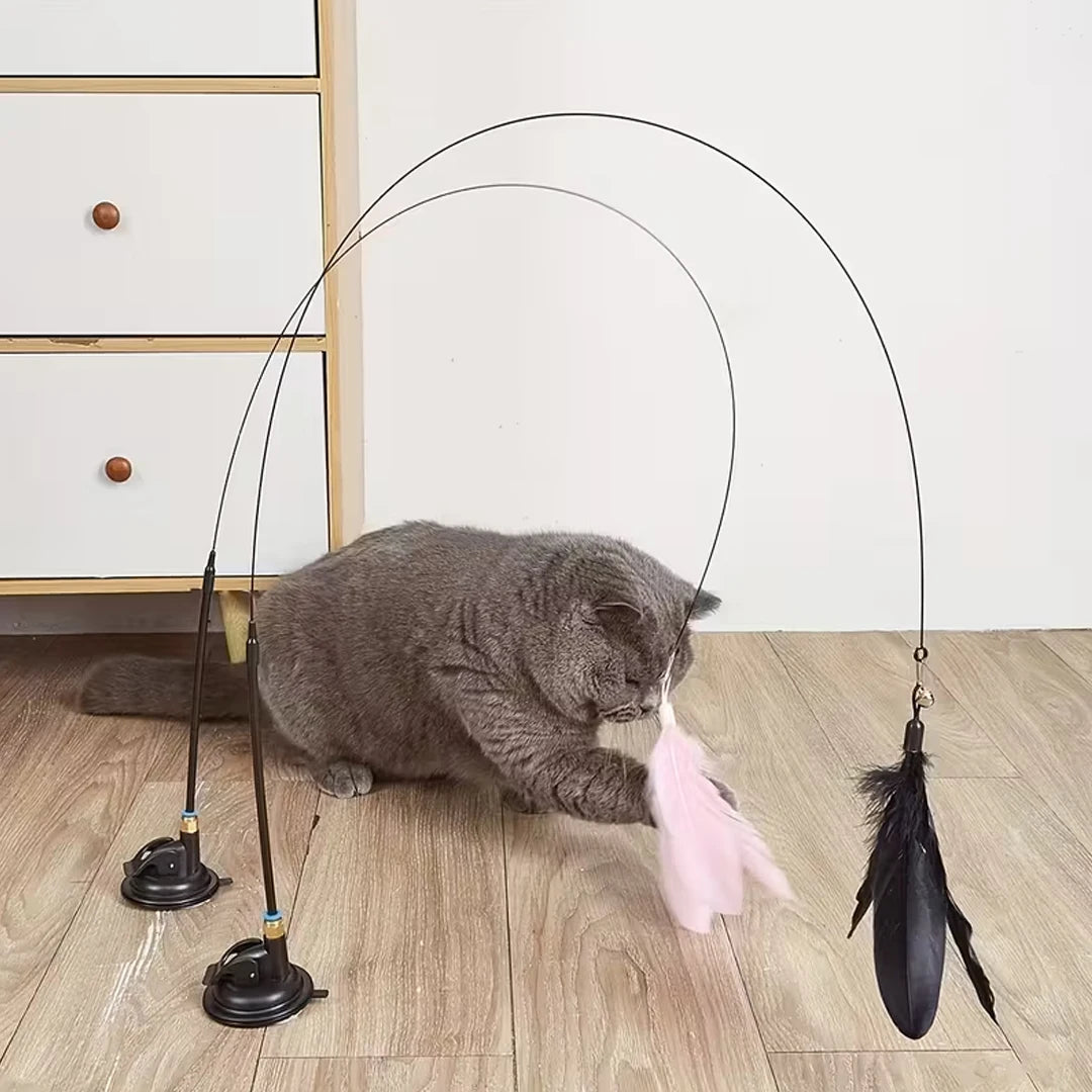Cat Feather Bell Toy with Suction Cup Base 1 Teaser Wand 3 Replacement Feather Heads Interactive Cat Toy for All Cats Pi-Mart