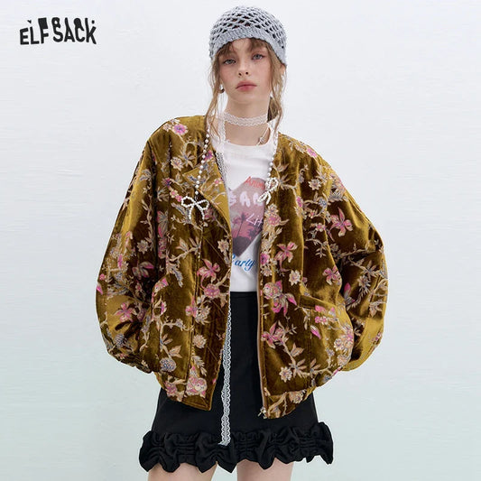 ELFSACK 2025 Gold Velvet Jacket Women's Winter Short Coat, Embroidered Goldfish Chinese Style Vintage Loose Padded Jacket LadyShow.Store
