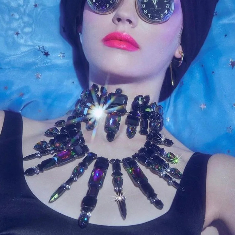 Stonefans Fashion Oversize Crystal Necklace for Women Exaggerated Drag Queen Multi-layer Rhinestone Necklace Irregular Pi-Mart