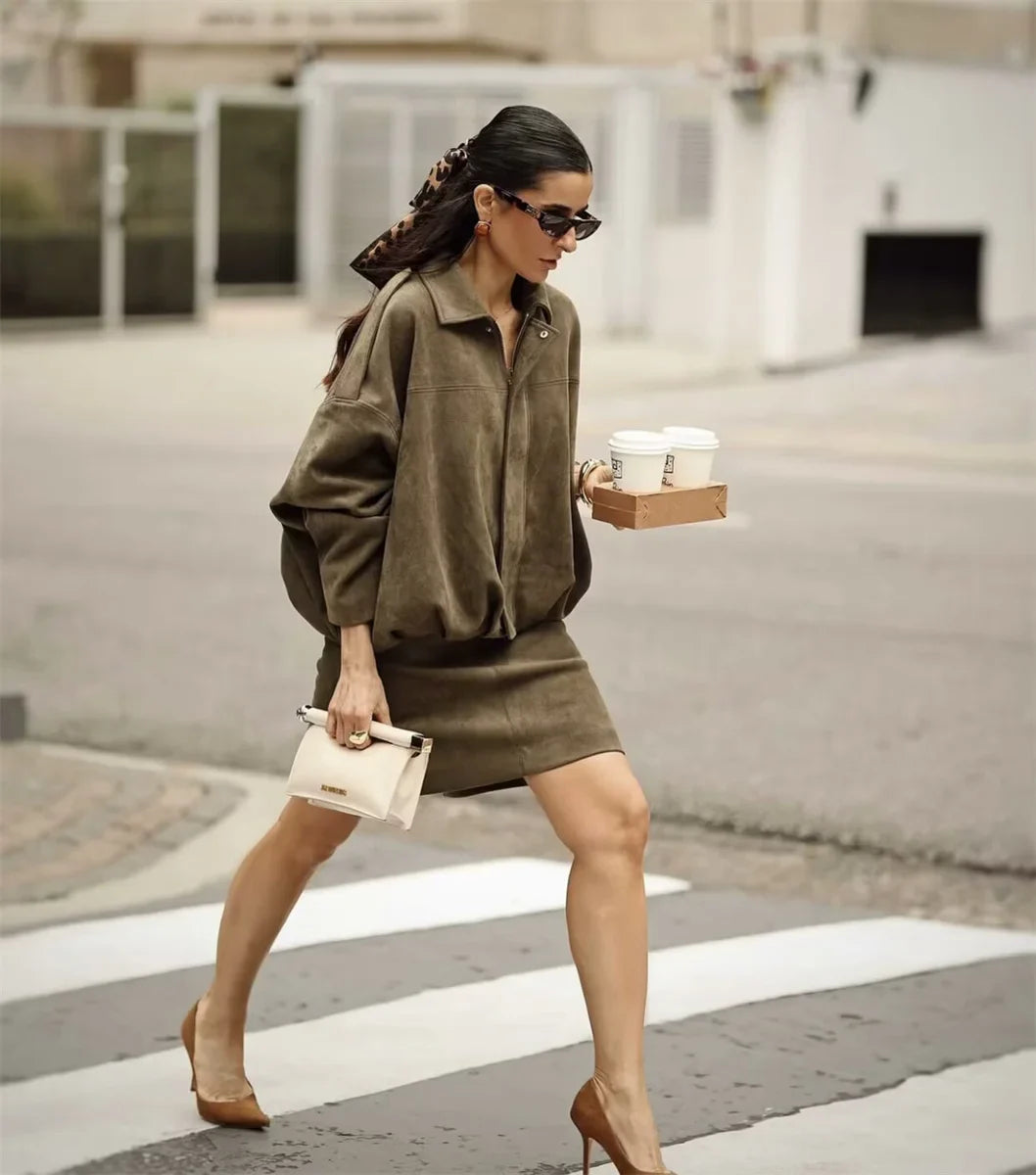 Women's Army Elegant Bomber Jackets Coats Fashion Turn-down Collar Long Sleeve Loose Coats Vintage Female Outerwear Chic Tops LadyShow.Store