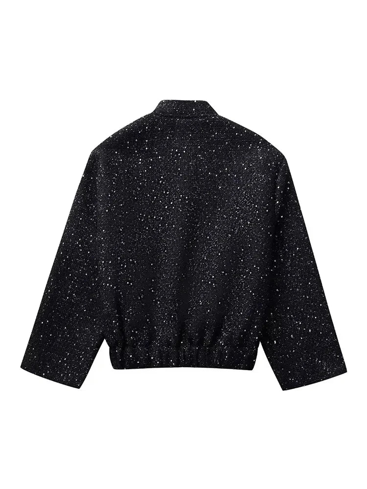 Nlzgmsj Women Shiny Sequin Jacket Y2k Gold Color Stand Collar Long Sleeve Short Coat Autumn Winter Ladies High Streetwear LadyShow.Store