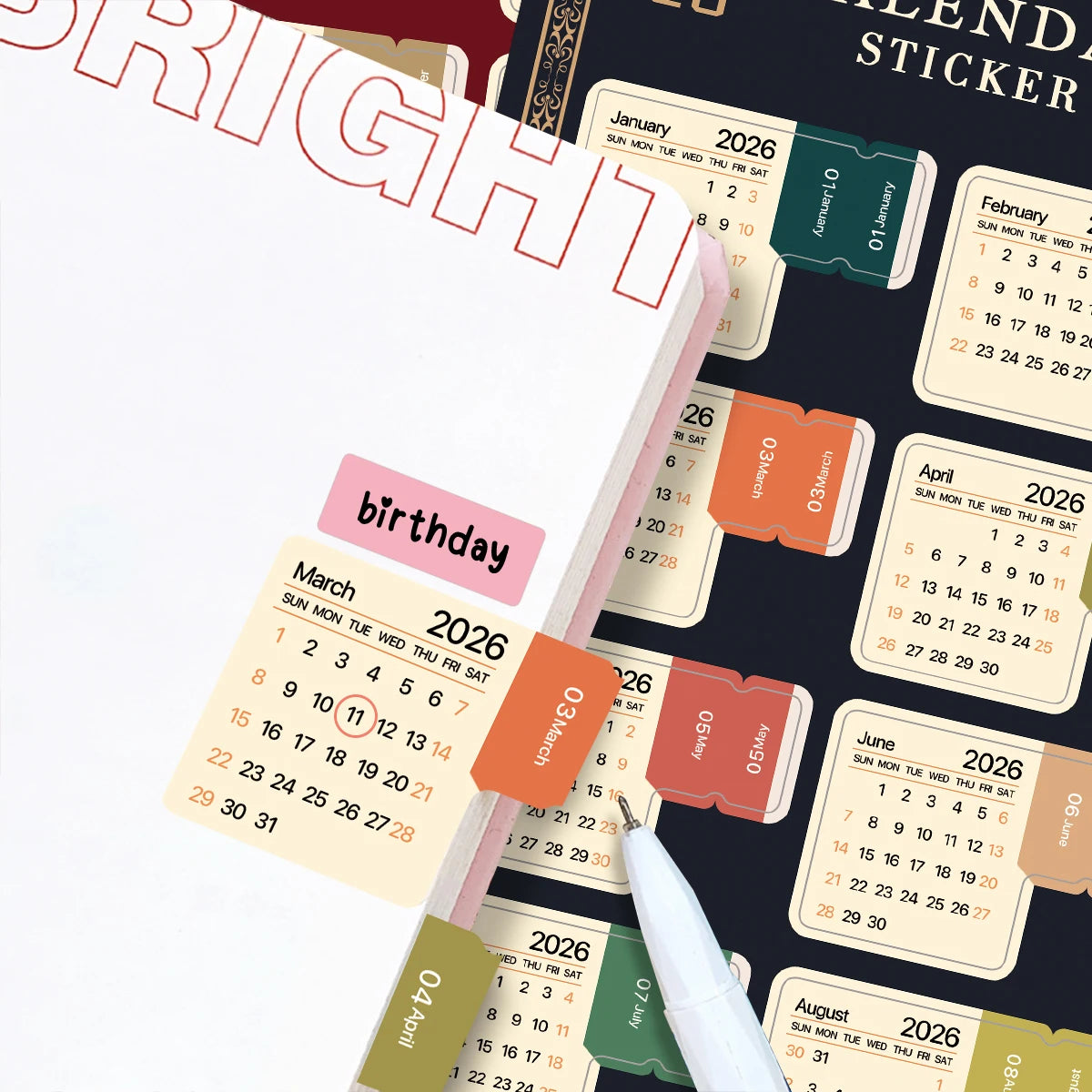 2-Sheet 2026 Calendar Stickers,Tear-Off Date Sheets,Labels For Month Planners,Journals,Diary,Scrapbook,Office&Home Organization Pi-Mart