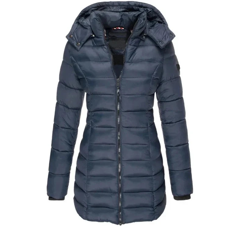 Winter Thicken Warm Women Parkas Zippers Solid Overcoat Casual Long Sleeve Padded Puffer Jacket Female Mid-length Slim Coat Top LadyShow.Store