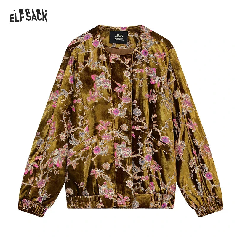 ELFSACK 2025 Gold Velvet Jacket Women's Winter Short Coat, Embroidered Goldfish Chinese Style Vintage Loose Padded Jacket LadyShow.Store