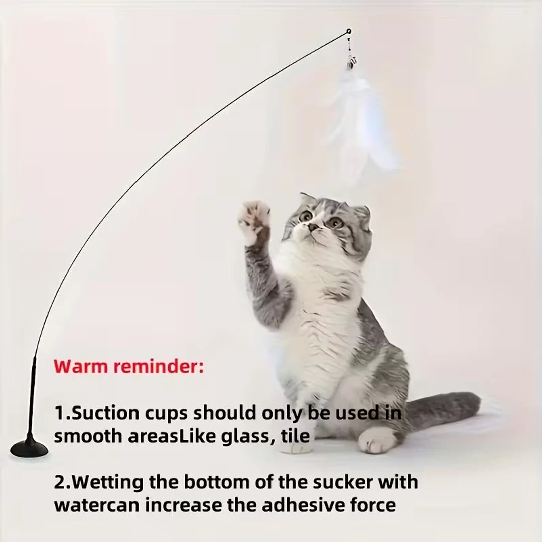 Cat Feather Bell Toy with Suction Cup Base 1 Teaser Wand 3 Replacement Feather Heads Interactive Cat Toy for All Cats Pi-Mart