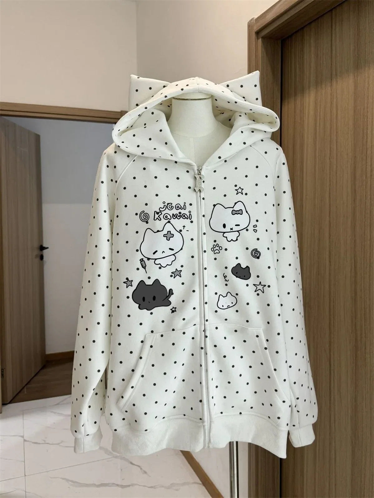 Japanese Y2k Hoodies Jackets Women Clothes Polka Dot Cat Print Sweatshirts 2025 Ropa Mujer Casual Chic Hooded Cute Hoodie Tops LadyShow.Store