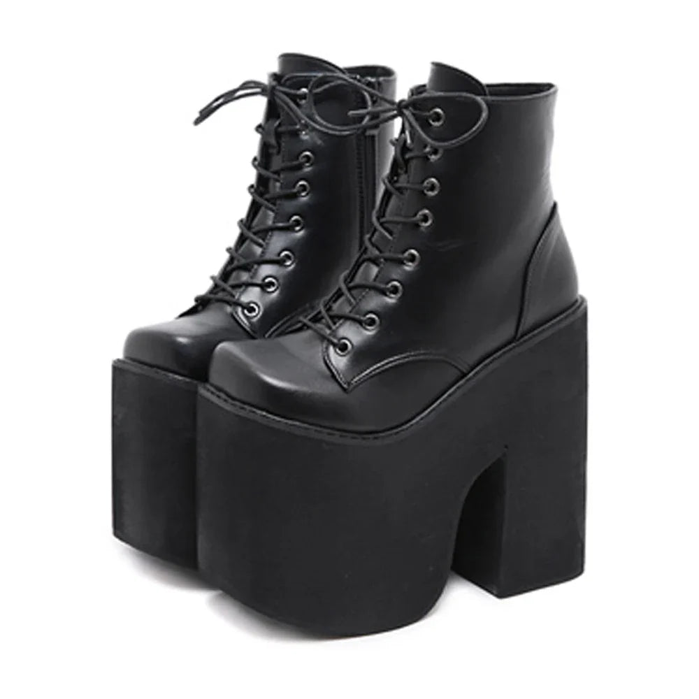 Gdgydh Women's Y2K Style Short Boots Square Closed Toe Lace Up Platform Boots High Chunky Heels Fashion Solid Color Shoes LadyShow.Store