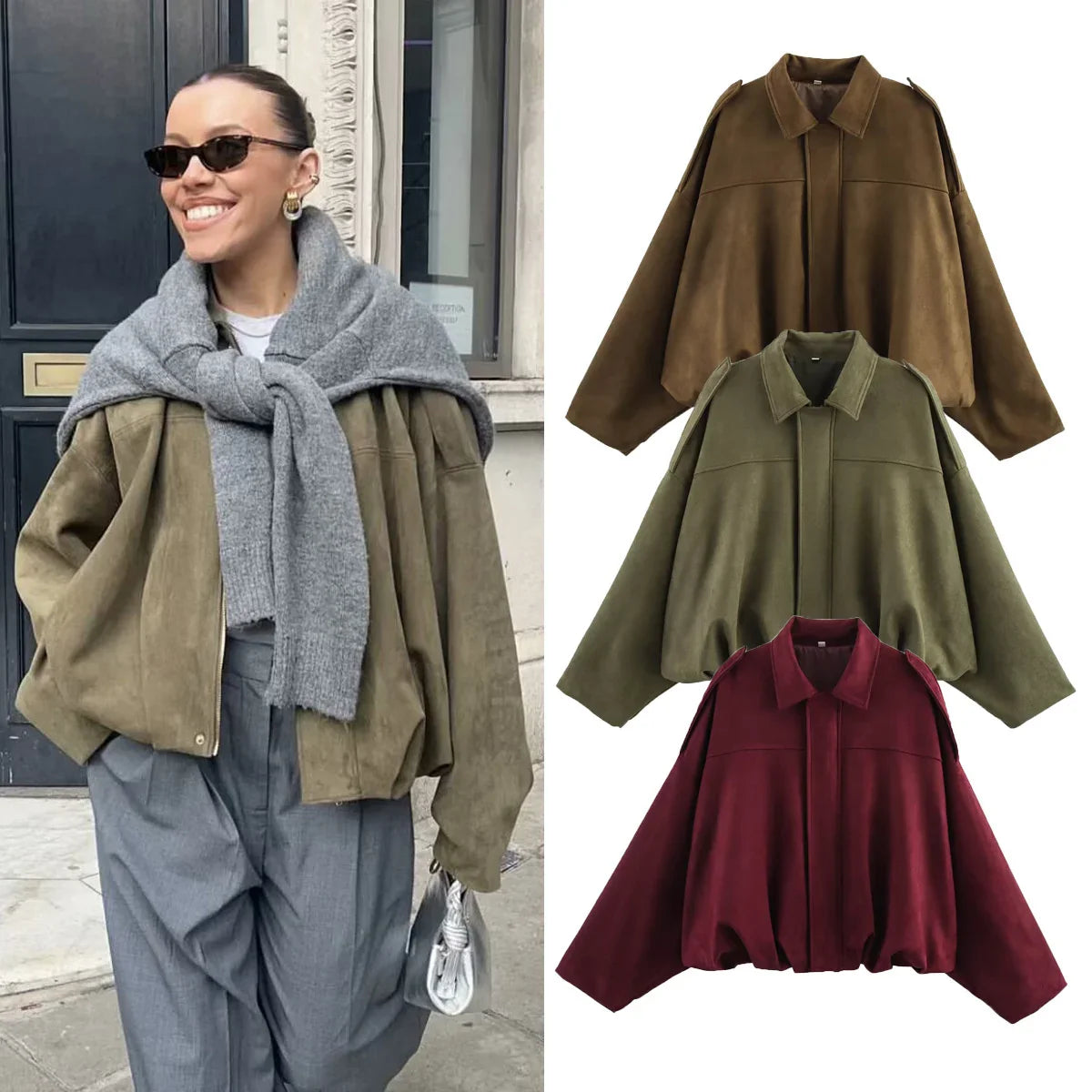 Women's Army Elegant Bomber Jackets Coats Fashion Turn-down Collar Long Sleeve Loose Coats Vintage Female Outerwear Chic Tops LadyShow.Store