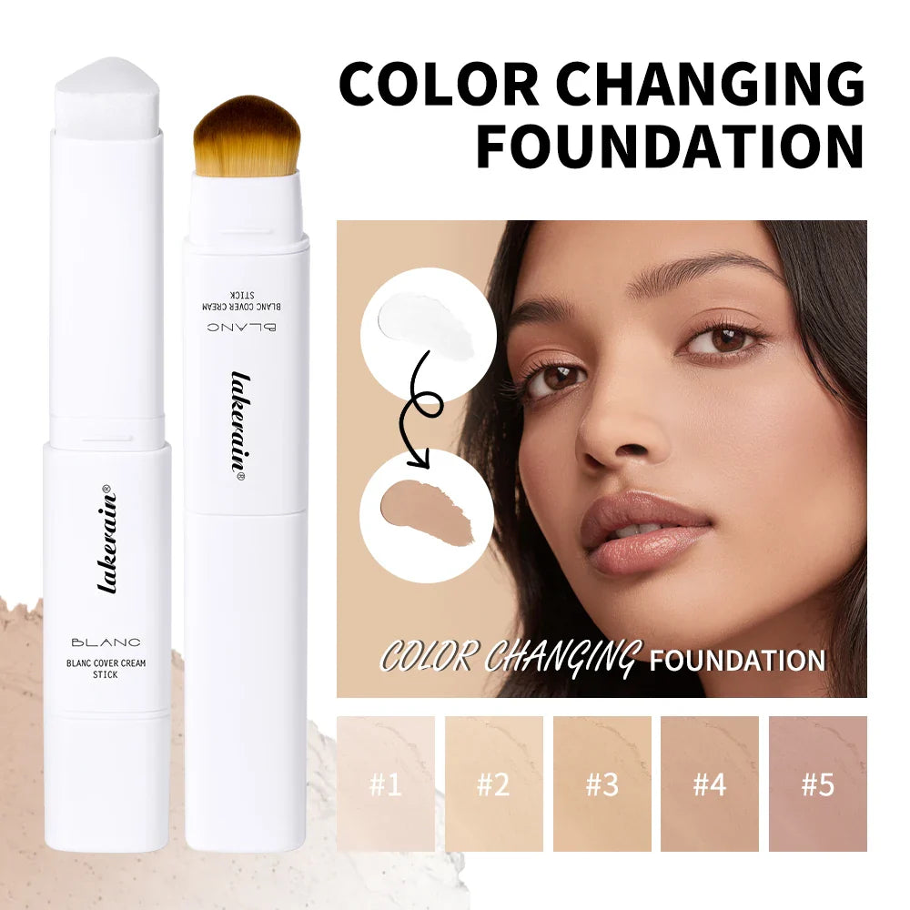 Lakerain Color Changing Foundation Stick Full Coverage Matte Finish Dual-Ended Brush & Stick Waterproof Smooth Foundation Makeup Tri Light Beauty