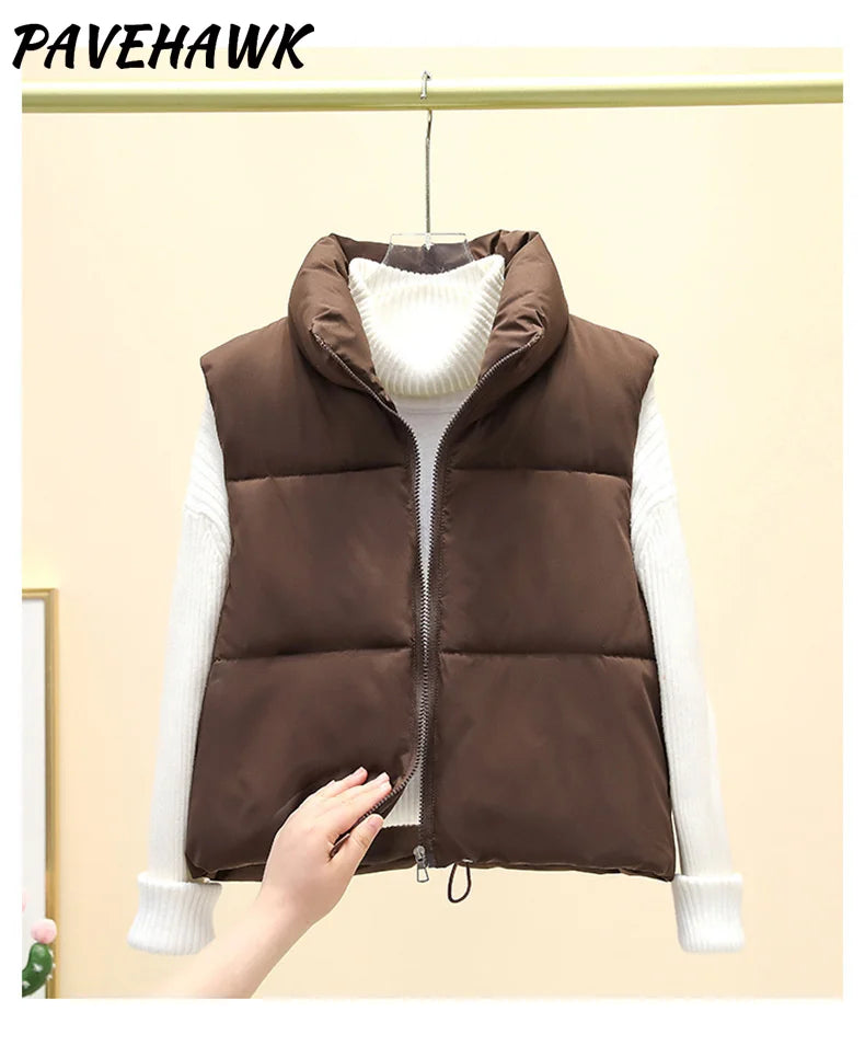 Women Short Cotton Down Vest Sleeveless Warm Stand Up Collar Outerwear Casual Winter Loose Basic Thick Jacket Female Clothes LadyShow.Store