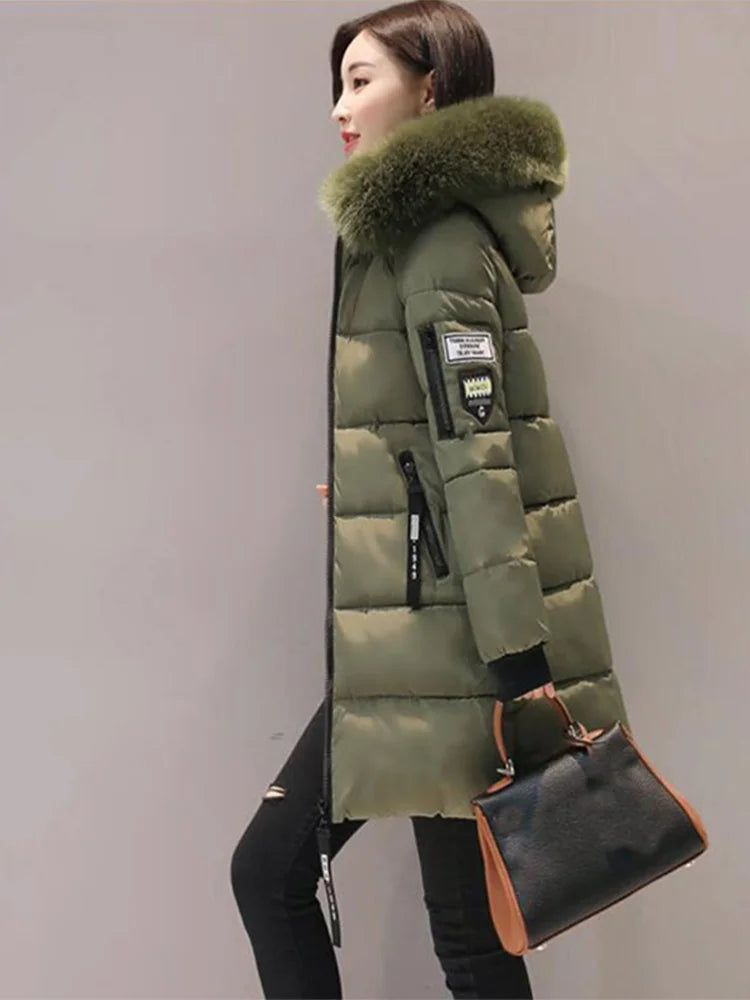Winter Warm Fur Collar Hooded Women Parka Fashion Comfortable Zipper Pockets Design Long Jacket Elegant Slim Thick Female Coats LadyShow.Store