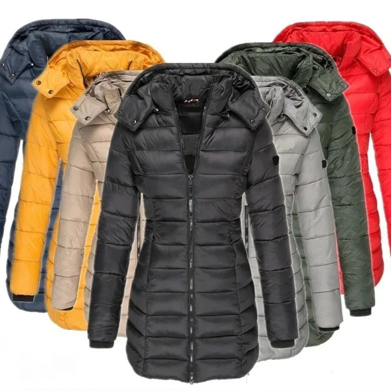 Winter Thicken Warm Women Parkas Zippers Solid Overcoat Casual Long Sleeve Padded Puffer Jacket Female Mid-length Slim Coat Top LadyShow.Store