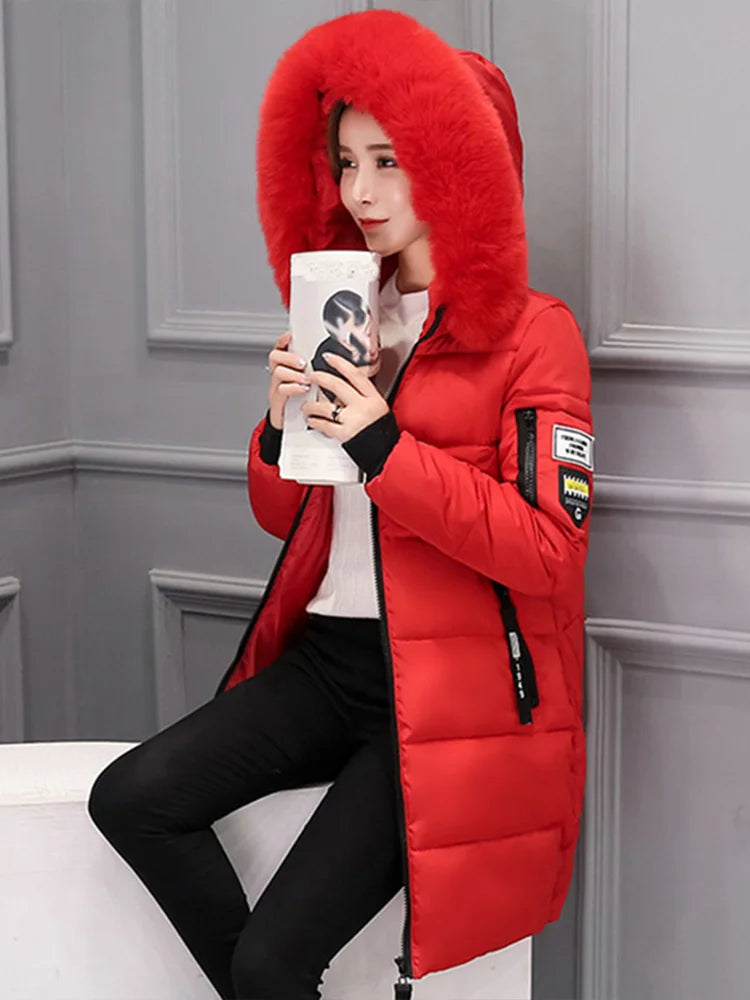 Winter Warm Fur Collar Hooded Women Parka Fashion Comfortable Zipper Pockets Design Long Jacket Elegant Slim Thick Female Coats LadyShow.Store