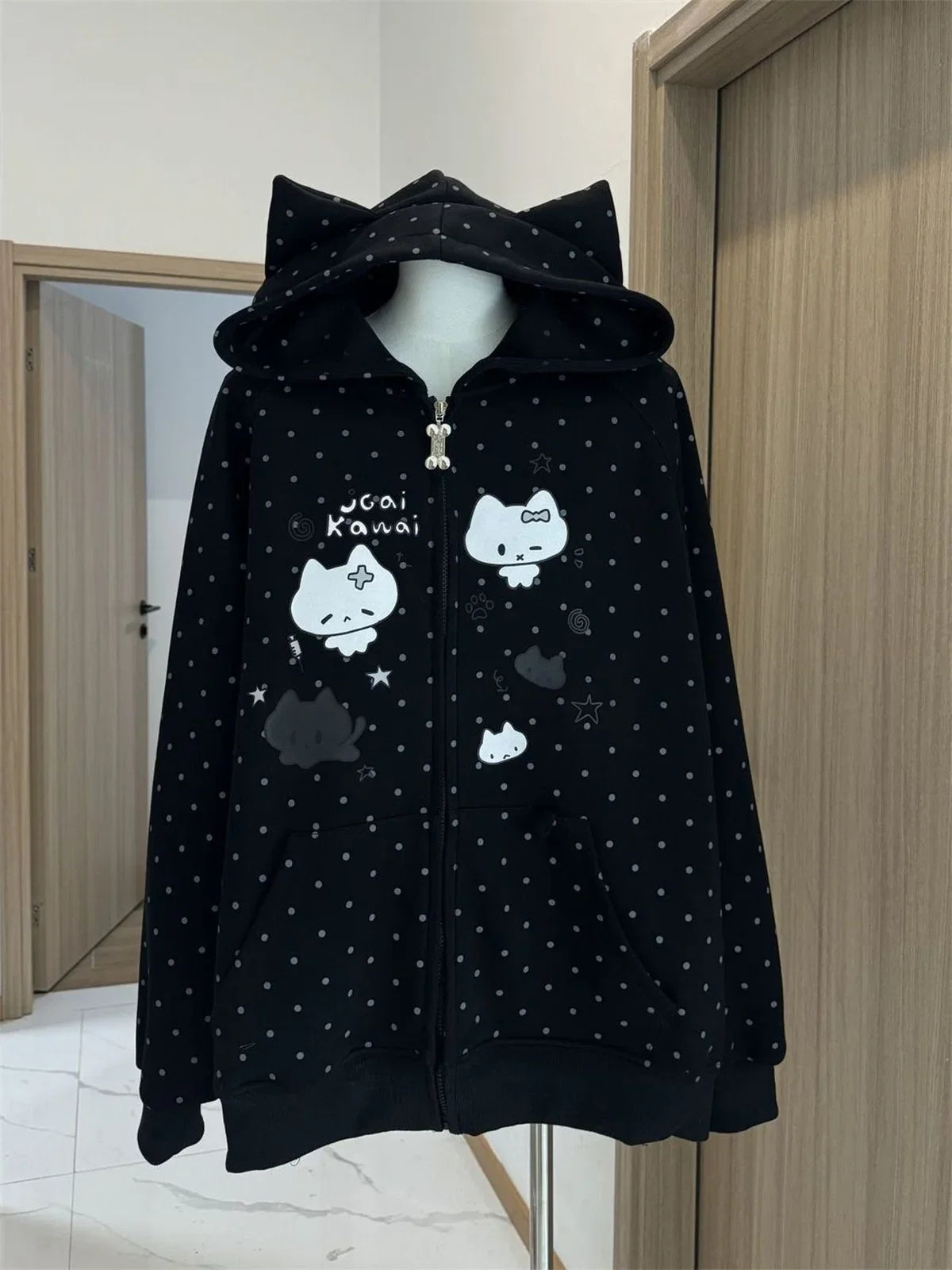 Japanese Y2k Hoodies Jackets Women Clothes Polka Dot Cat Print Sweatshirts 2025 Ropa Mujer Casual Chic Hooded Cute Hoodie Tops LadyShow.Store