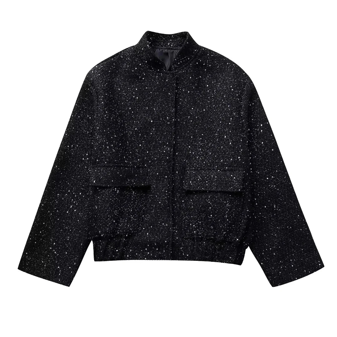 Nlzgmsj Women Shiny Sequin Jacket Y2k Gold Color Stand Collar Long Sleeve Short Coat Autumn Winter Ladies High Streetwear LadyShow.Store