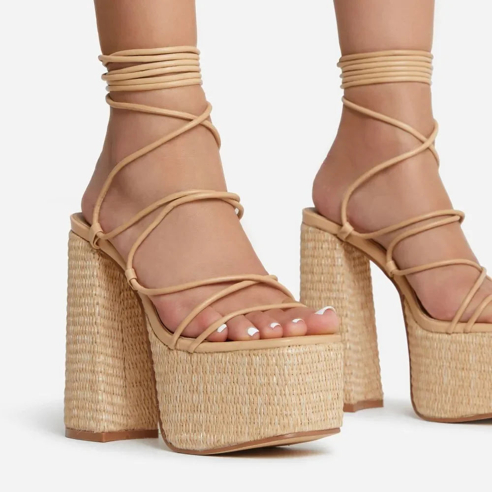 Woven Platform Lace Up Strappy Sandals Block Heel Open Toe Solid Color Sexy Roman Style Women Shoes Summer 2026 New Arrivals Pi-Mart