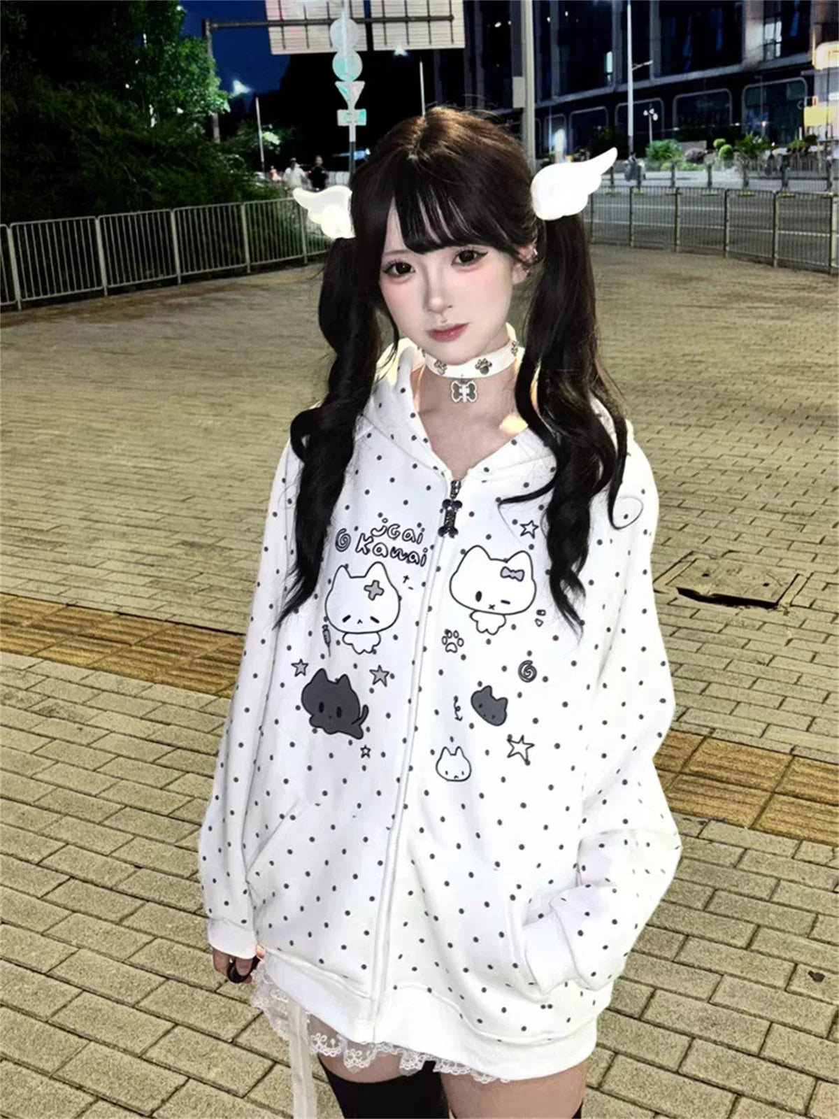 Japanese Y2k Hoodies Jackets Women Clothes Polka Dot Cat Print Sweatshirts 2025 Ropa Mujer Casual Chic Hooded Cute Hoodie Tops LadyShow.Store