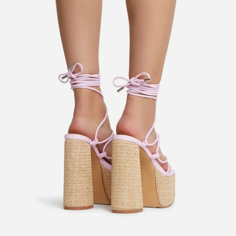 Woven Platform Lace Up Strappy Sandals Block Heel Open Toe Solid Color Sexy Roman Style Women Shoes Summer 2026 New Arrivals Pi-Mart