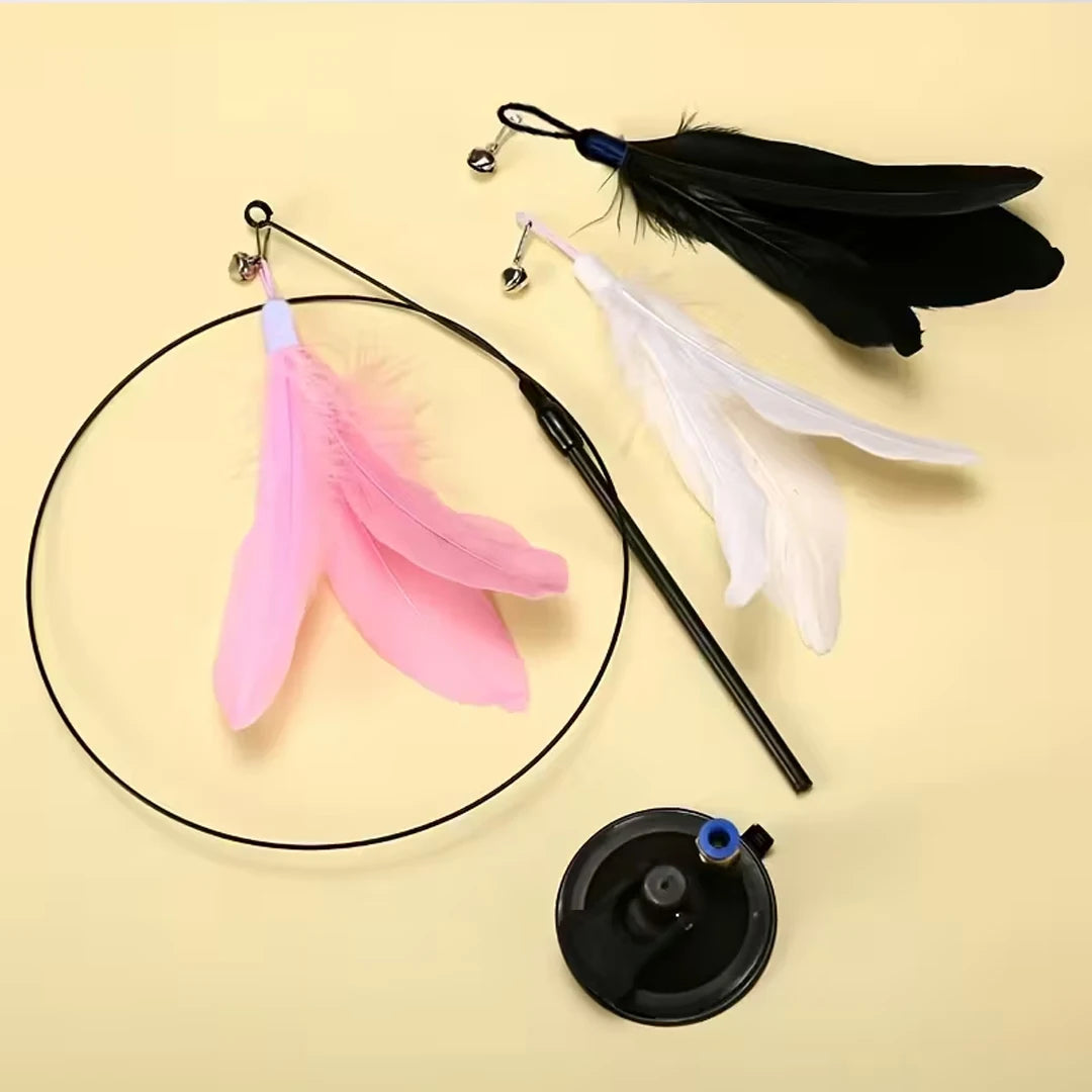 Cat Feather Bell Toy with Suction Cup Base 1 Teaser Wand 3 Replacement Feather Heads Interactive Cat Toy for All Cats Pi-Mart