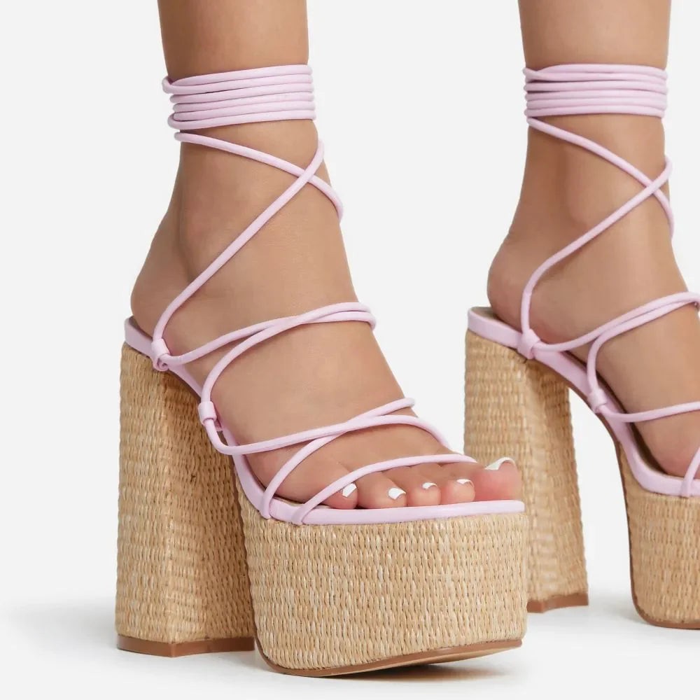 Woven Platform Lace Up Strappy Sandals Block Heel Open Toe Solid Color Sexy Roman Style Women Shoes Summer 2026 New Arrivals Pi-Mart