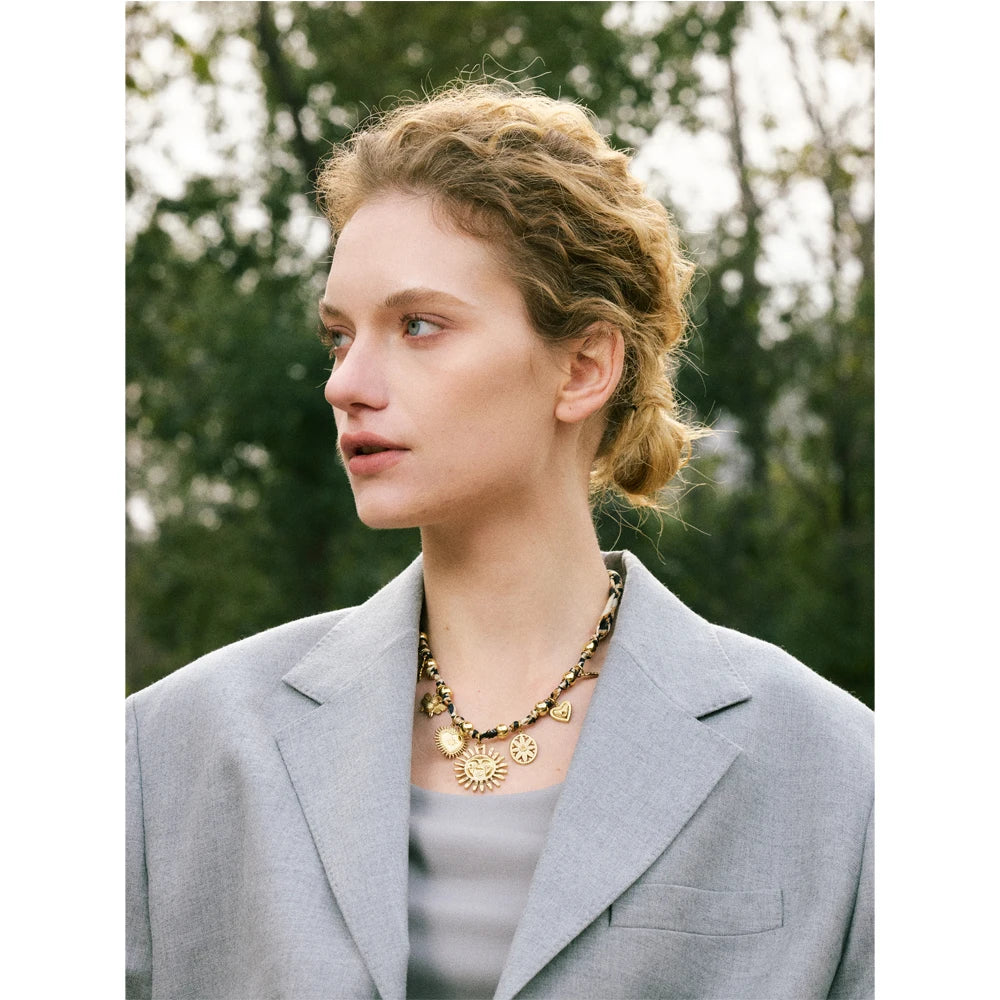 Yhpup Popular Stainless Steel Leopard Polyester Sun Flower Heart Insect Drop Collar Necklace 18K PVD Plated Fashion Jewelry Gift Pi-Mart