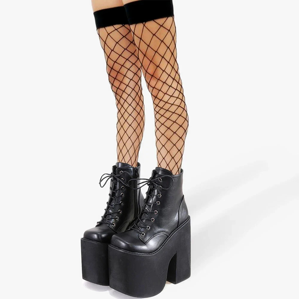 Gdgydh Women's Y2K Style Short Boots Square Closed Toe Lace Up Platform Boots High Chunky Heels Fashion Solid Color Shoes LadyShow.Store