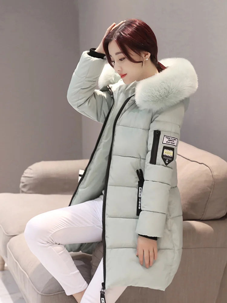 Winter Warm Fur Collar Hooded Women Parka Fashion Comfortable Zipper Pockets Design Long Jacket Elegant Slim Thick Female Coats LadyShow.Store