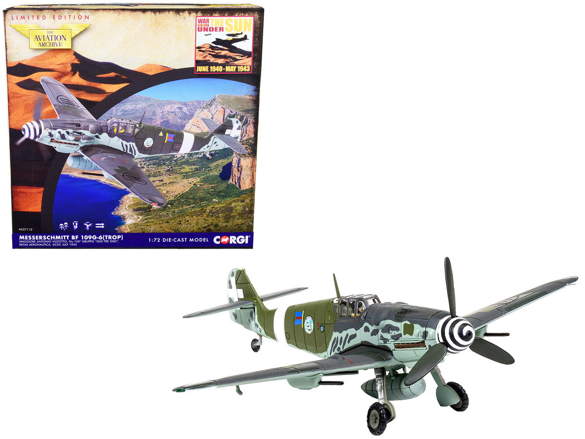 Messerschmitt Me109G-6 (Trop) Fighter Aircraft "Maggiore Antonio Vizzotto 150 Gruppo Gigi Tre Osei Regia Aeronautica Sicily" (July 1943) "The Aviation Archive" Series 1/72 Diecast Model by Corgi LuxuryLifeWay Online Store