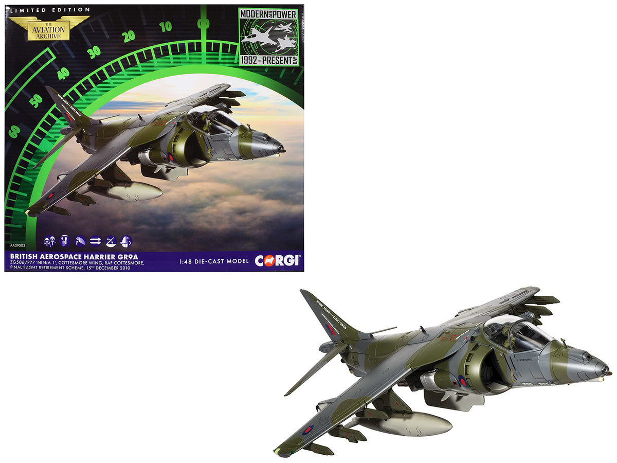 British Aerospace Harrier GR9A Aircraft "ZG506/P77 Ninja 1 RAF Cottesmore Final Flight Retirement Scheme" (2010) Royal Air Force "The Aviation Archive" Series 1/48 Diecast Model by Corgi LuxuryLifeWay Online Store