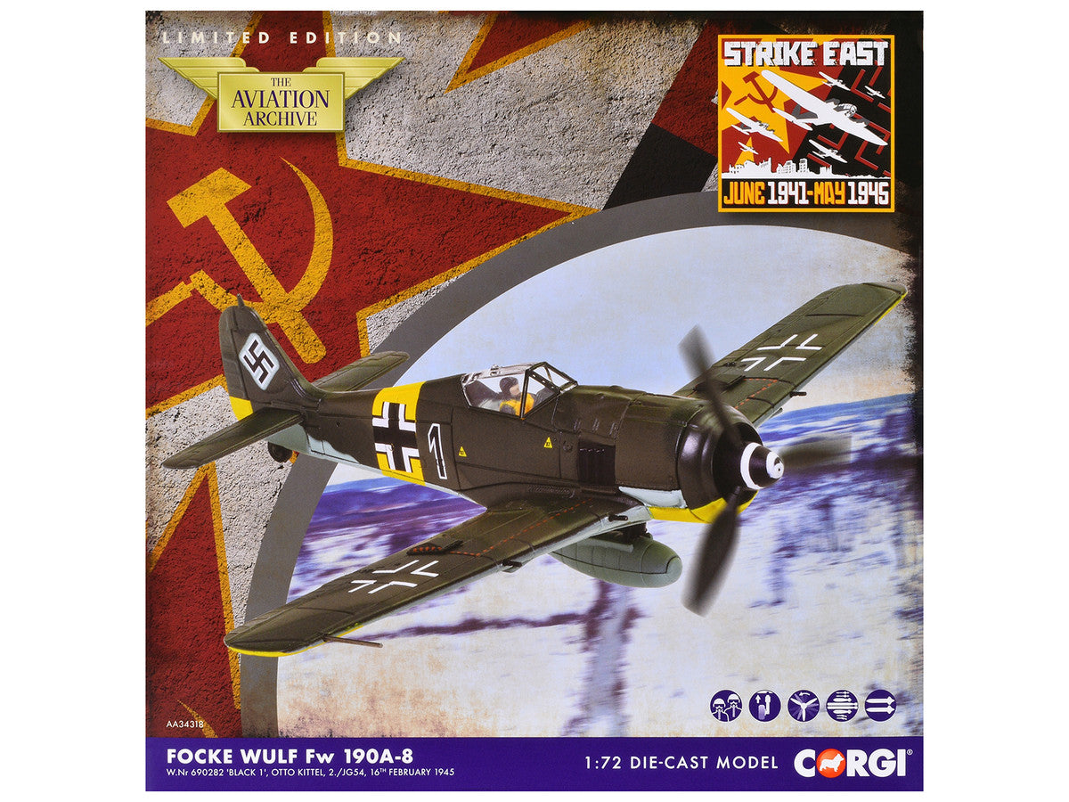 Focke-Wulf Fw 190A-8 Fighter Aircraft "Black 1 Oberleutnant Otto Kittel 2./JG54" (1945) German Luftwaffe "The Aviation Archive" Series 1/72 Diecast Model by Corgi LuxuryLifeWay Online Store