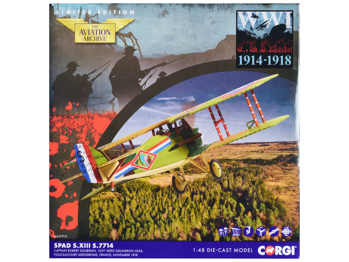 SPAD S.XIII Aircraft "Captain Robert Soubiran 103rd Aero Squadron USAS Foucaucourt Aerodrome France" (1918) United States Army Air Service "The Aviation Archive" Series 1/48 Diecast Model by Corgi LuxuryLifeWay Online Store