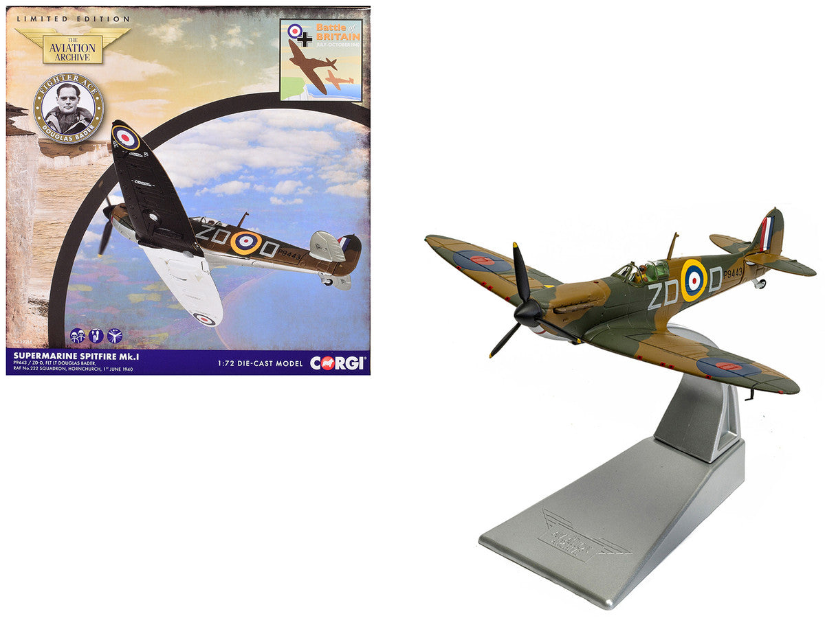 Supermarine Spitfire MkI Fighter Aircraft "P9443 ZD-D Flight Lieutenant Douglas Bader No. 222 Squadron Battle of Britain" (1940) Royal Air Force "The Aviation Archive" Series 1/72 Diecast Model by Corgi LuxuryLifeWay Online Store