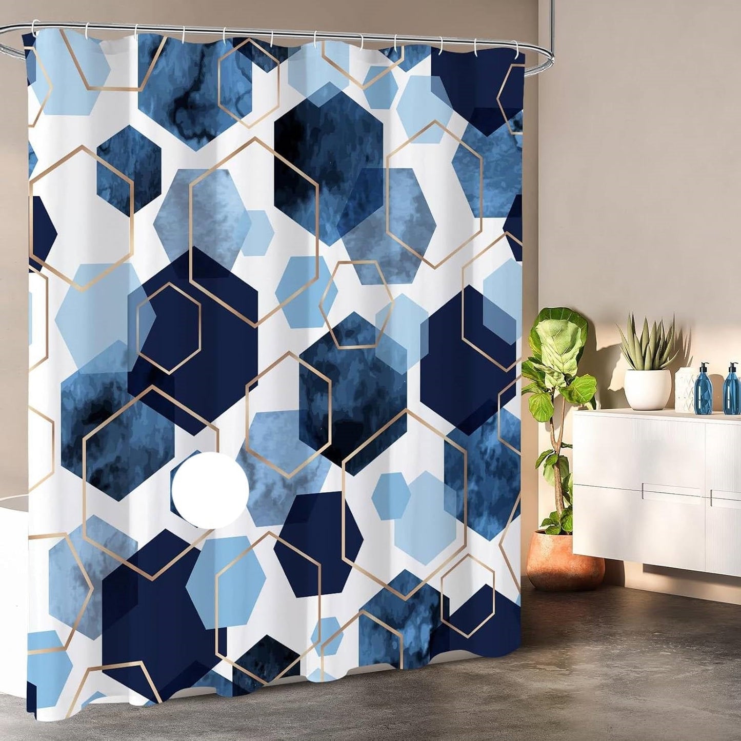 72"W x 78"H Blue White Hexagon Geometric Pattern Polyester Shower Curtain