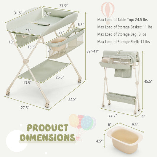 Baby Diaper Changing Table with Water Basin Wheel-Green - Color: Green LuxuryLifeWay Online Store