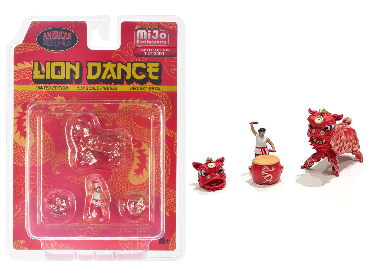 "Lion Dance" 4 piece Diecast Figure Set (1 Figures 1 Lion 2 Accessories) Limited Edition to 2400 pieces Worldwide for 1/64 Scale Models by American Diorama LuxuryLifeWay Online Store