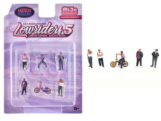 "Lowriders #5" 6 piece (5 People 1 Bicycle) Diecast Figures Set 1/64 Scale Models by American Diorama LuxuryLifeWay Online Store